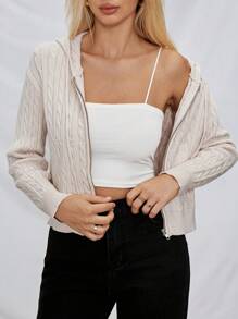 SHEIN Essnce Women's Casual Beige Cable Knit Zip-Up Hooded Short Cardigan For Autumn - Apricot - View 4