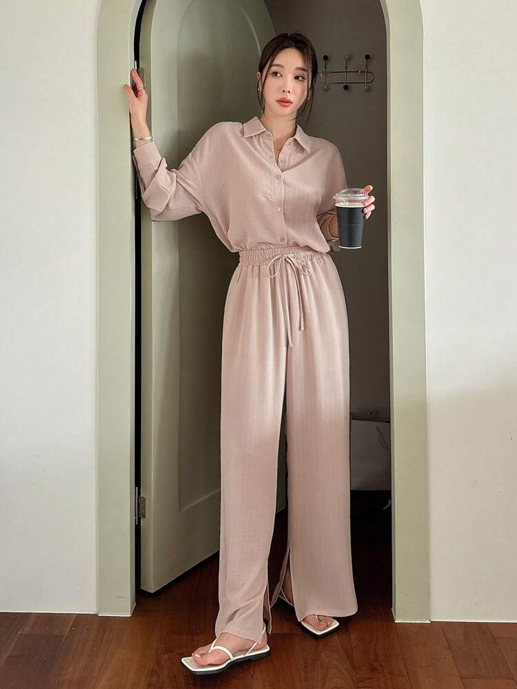 Women's Solid Color Long Sleeve Shirt And Wide Leg Pants Two Pieces Set,Fall Women Clothes