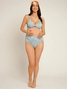SHEIN 孕妇碎花褶皱比基尼套装夏季海滩 - 彩色 - 查看 6