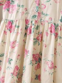 Young Girls Floral Print Contrast Lace Puff Sleeve Dress For Summer - Apricot - View 3