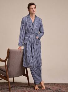 EverLounge Men's Allover Print Self-Tie Waist Long Sleeve Robe - Blue - View 4