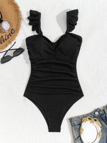 SHEIN Swim Traje de baño completo negro con ribete de volantes y pliegues, traje de baño de una pieza para el verano - Negro - Ver 7
