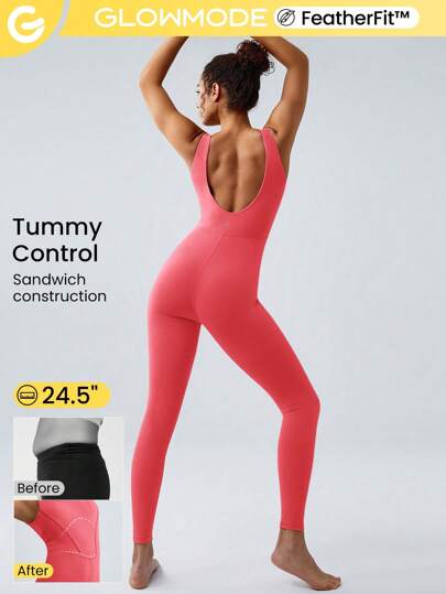GLOWMODE 24" FeatherFit™ Tummy Control Open Back Gym Yoga Pilates Sports Jumpsuit Bodysuit Summer Elegant For Woman