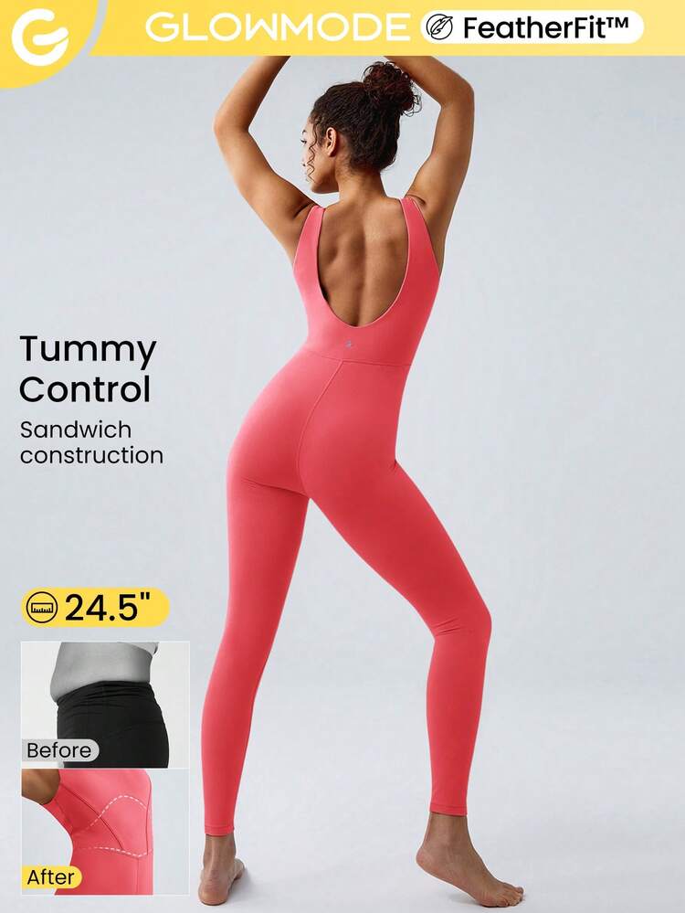 24" FeatherFit™ Tummy Control Open Back Gym Yoga Pilates Sports Jumpsuit Bodysuit Summer Elegant For Woman