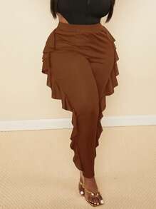 Slaydiva Quần dài vải dệt kim dáng rộng cỡ lớn thanh lịch & dự tiệc màu trơn ôm vừa vặn xẻ tà bên hông viền xếp nếp dành cho nữ - màu nâu - Xem 3
