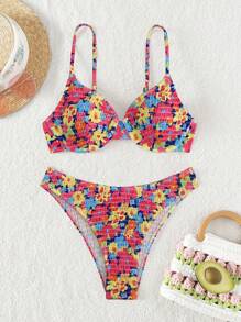 SHEIN Swim Random Flower Printed Beach Bikini Set For Summer - Multicolor - View 1