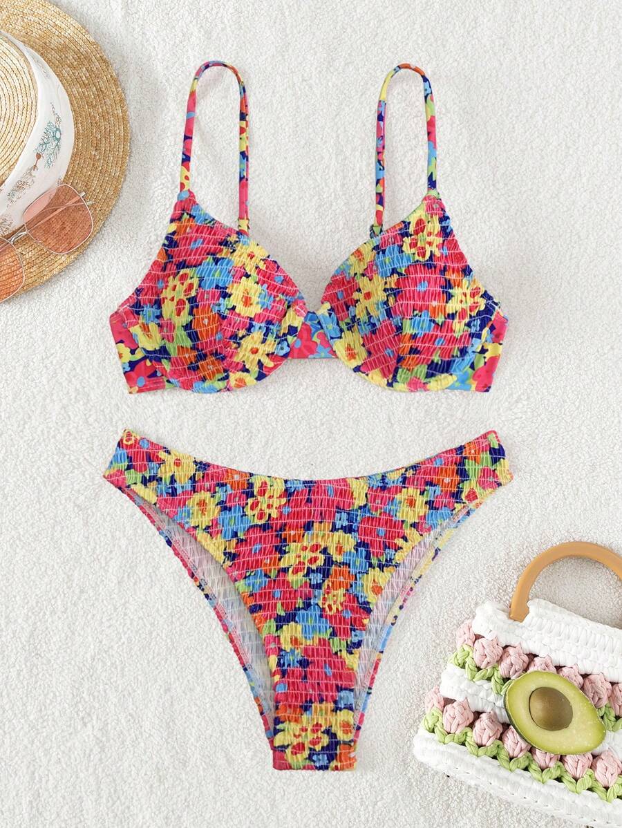 SHEIN Swim Random Flower Printed Beach Bikini Set For Summer - Multicolor - View 1