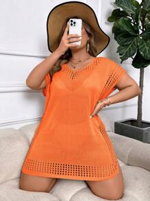 Swim Vcay 夏季海灘中長款鑲空蝙蝠袖分叉襯衫 - 橘色 - 查看 3