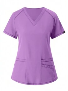 Women's Matte Jogging Compression Sportswear, Nurse/ Uniform, Scrub Top And Pants Set With Pockets, Breathable - Mauve Purple - View 6
