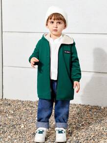 SHEIN 男童連帽毛絨襯裡拼色拉鍊寬鬆中長外套 - 綠色 - 查看 3
