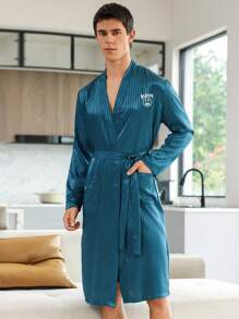 Men Letter Embroidery Belted Robe - Green - View 2