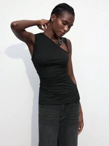 Maija 2025 Spring/Summer & Early Autumn Independence Day July Outfit Women's Black Fitted Strap Decor Design Modern Urban Chic Versatile Top, Black Hollow-Out PU Leather Decor Sleeveless Modern Urban Casual Women Apparel