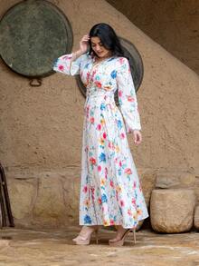 Women's Floral Print V-Neck Flare Sleeve Waist Cinched Elegant Arabian Style Dress - White - View 4