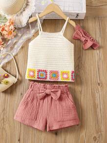 SHEIN Young Girl Crochet Flower Patterned Crop Top And Shorts Set With Headband - Multicolor - View 3