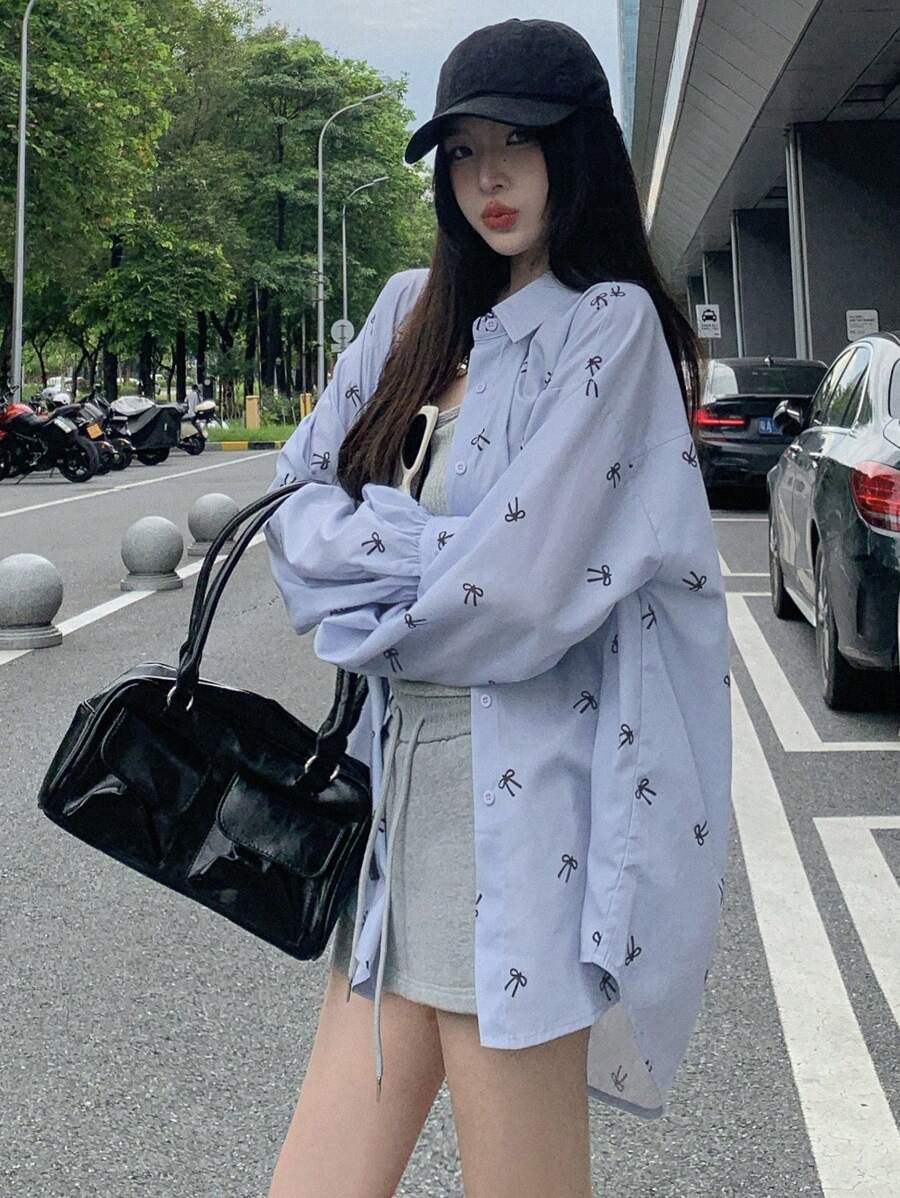 DAZY 女士长袖蝴蝶印花衬衫，配领结，秋季服装图案T恤 - 藍色 - 查看 1