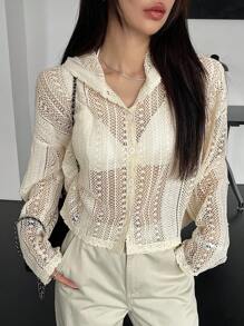 DAZY Drop Shoulder Button Front Hooded Tee Sheer Long Sleeve Women Tops Cover Ups For Swimwear - White - View 5