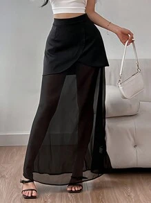 SHEIN Unity Einfarbiger farbiger Damen Rock mit lässigen Mesh-Einsätzen für den täglichen Gebrauch - Schwarz - Übersicht 1