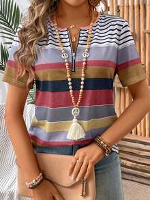 EMERY ROSE Round Neck Short Sleeve Striped Print Contrast Color T-Shirt