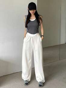 DAZY Solid Color Loose Fit Elastic Waist Drawstring Women's Sweatpants With Pockets Women Joggers - Beige - View 3