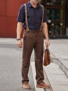 Manfinity Homme Men's Casual Mocha Brown Woven Fabric Co-Ords Set: Sleeveless Shirt Collar Shirt And Long Pocket Detail Pants - Mocha Brown - View 3