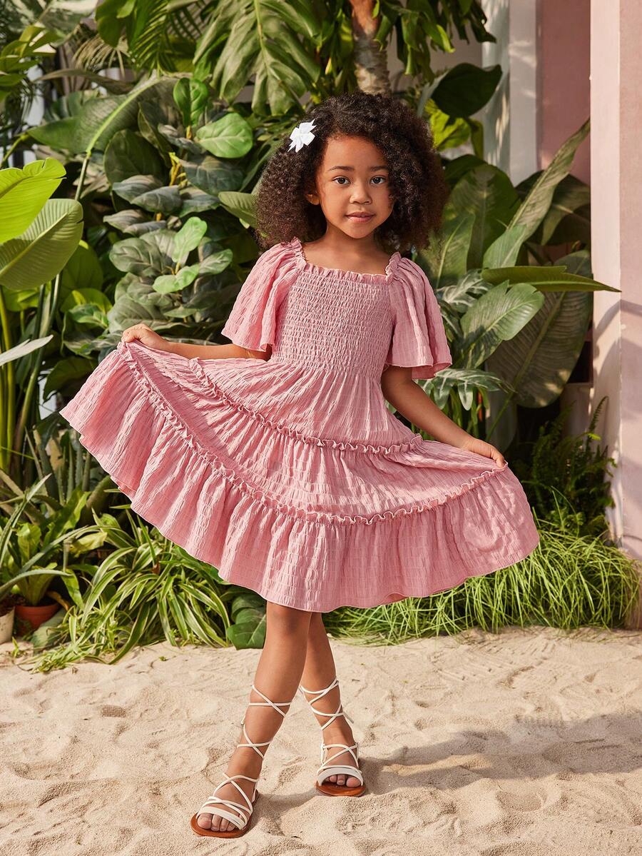 SHEIN Vestido de manga corta y unicolor para niña joven con dobladillo fruncido - Rosa - Ver 1