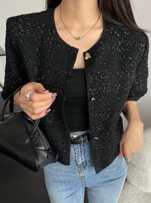 DAZY Women's Business Casual Short Sleeve Jacket, Autumn Carnival - Black - View 1