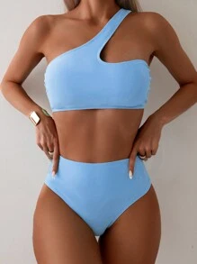 SHEIN Swim 夏季海灘素色單肩高腰比基尼 - 淺藍色 - 查看 1