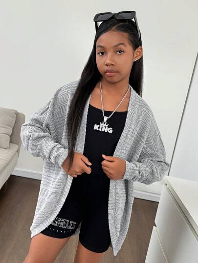 SHEIN Tween Girl Casual Knitted Solid Color Long Sleeve Cardigan Jacket,In Fall/Winter