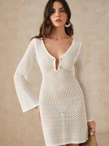 Anewsta Solid Color Women's Knitted Sweater Dress With Hollow Out Design, V-Neck And Long Sleeves For Summer Beach Vacation - White - View 5