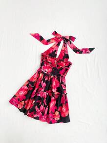 Soleia Holiday Halter Neck Backless A-Line Dress With Waist Cinch - Multicolor - View 2