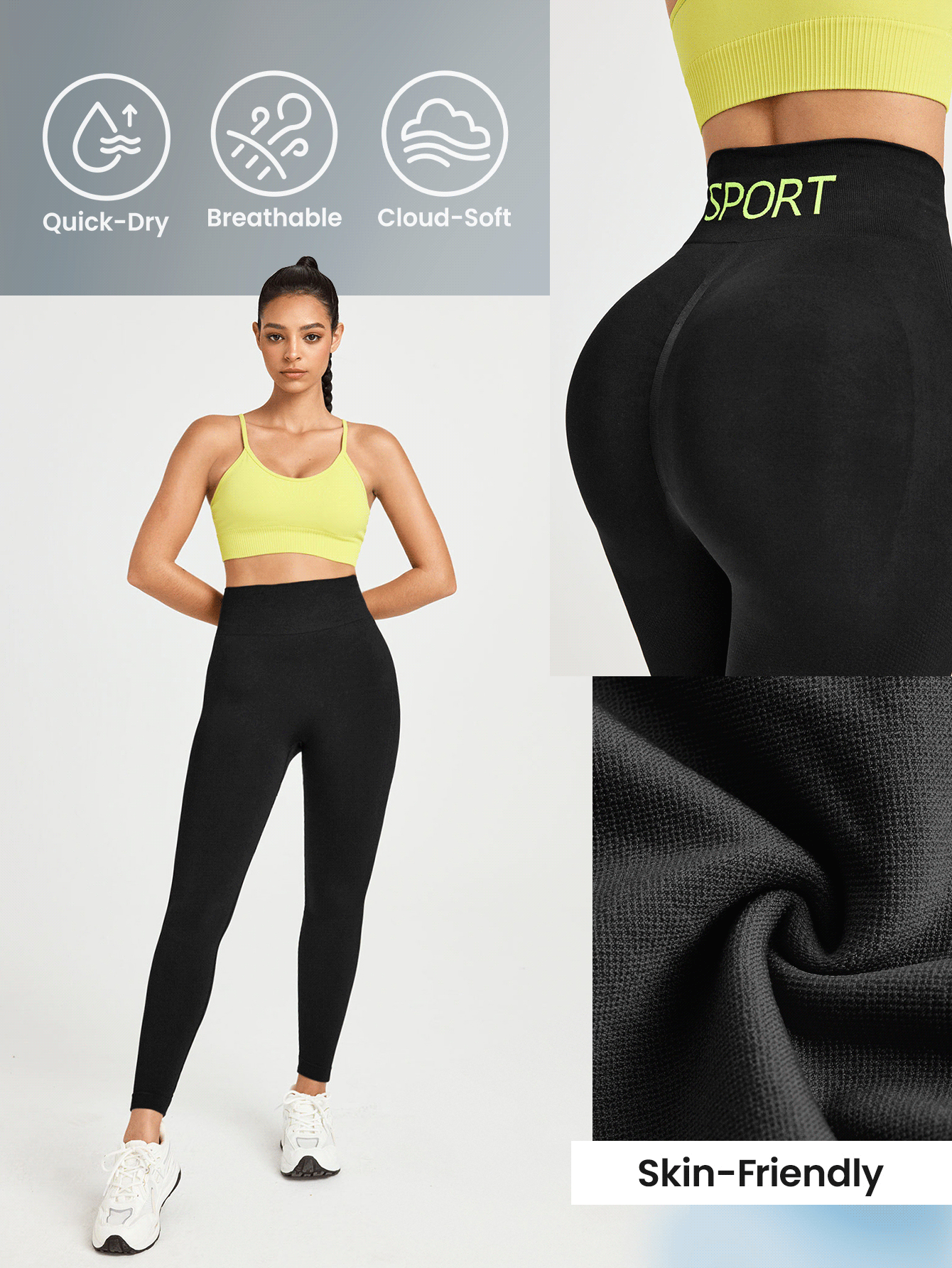 SHEIN Sports 無縫高彈性寬腰帶運動打底褲 - 黑色 - 查看 3