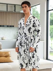 Men Floral Print Belted Sleep Robe - Black and White - View 8