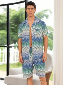Herren Pyjama Set aus Oberteil mit Zickzack-Muster und Shorts