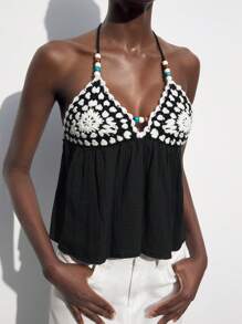 Maija Women's Casual Colorblock Knitted Top With Halter Neck - Black and White - View 1