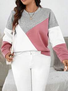 SHEIN LUNE Plus Color Block Casual Sweatshirt For Spring And Autumn Fall Women Clothes Travel Outfit Airport Winter