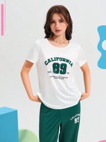 Word Pattern Women Crew Neck Short Sleeve Top And Pants Summer Pajama Set Holiday Season - Dark Green - View 4