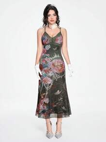 ROMWE Fairycore Vintage Palace Painting Rose Printed Women's Cami Dress - Green - View 7