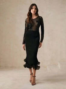 SHEIN X Phaith Montoya Anewsta Elegant Ruffle Hem Textured Bodycon Skirt - Black - View 4