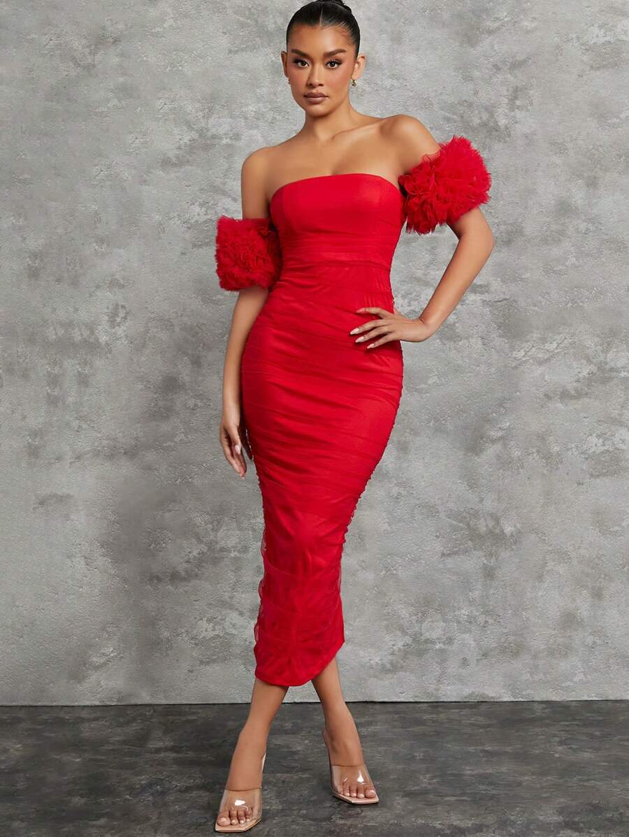 L'Amorae Enganliegendes Kleid mit Carmen-Ausschnitt Einfarbig mit übertriebenen Ärmeln und Schlitz am Rücken, eleganter Stil
