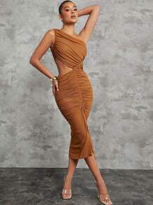 Hauture Đầm bodycon hở lưng cổ bất đối xứng màu trơn mùa hè cho nữ - Lạc đà - Xem 1