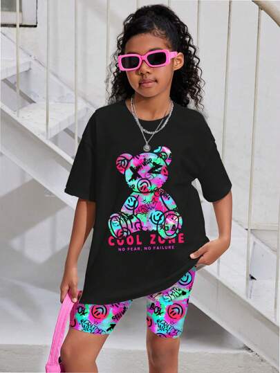 SHEIN Leap Crew SLAYR Tween Girl Tween Girls' Casual Simple Cartoon Bear Pattern Short Sleeve T-Shirt And Shorts Set, Suitable For Summer