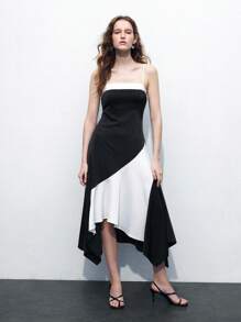 Maija Women's Summer Elegant Contrast Color Patchwork Asymmetrical Hem Slip Dress