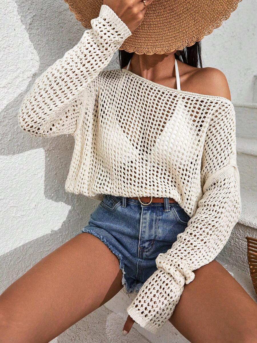 EURMUSE Women  Openwork Knit Cover Up Sweater - Beige - View 1