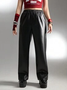 SHEIN Explorewe Teenagers' Basic Black PU Leather Straight Leg Pants - Black - View 5