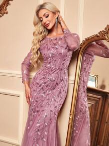 Women Elegant Contrast Sequins Embroidered Mesh Mermaid Hem Evening Dress,Prom Gown,Wedding Guest Dress , Dinner For Holiday Party Clothes - Dusty Pink - View 5