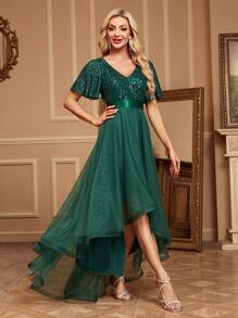 Vestido de cóctel con cuello en V, bajo asimétrico, con detalles de lentejuelas y malla en contraste de color, vestido de invitada de boda formal, vestido de ceremonia de graduación, vestido de noche - Verde Oscuro - Ver 5
