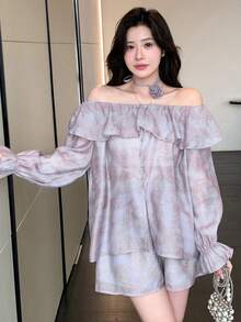 DAZY Ensemble de blouse et short en mousseline de soie pour femmes avec épaules dénudées et imprimé floral - Prune - Voir 6