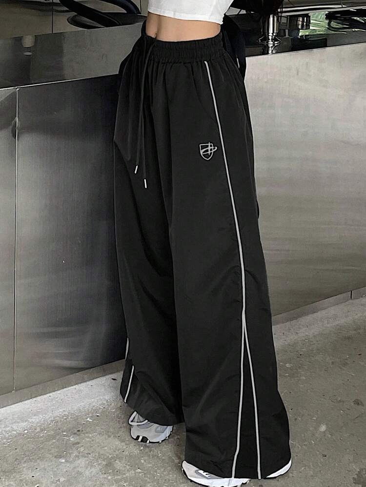 Casual Contrast Piping Drawstring Waist Wide Leg Pants