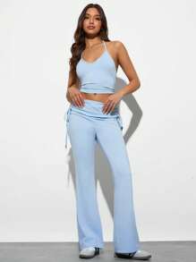 Forever 21 Solid Crop Halter Top & Drawstring Side Flare Leg Pants ,2 Pieces Set Blue - Blue - View 7