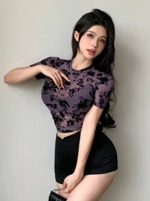 DAZY 情人节玫瑰花女士薄纱印花短袖上衣，夏季露脐上衣，女士外出上衣 - 紫色 - 查看 3